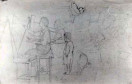 Grafite sobre papel

Estudo de interior, tendo à esquerda, duas mulheres pintando com seus cavaletes à frente e atrás delas uma criança observando-as. À direita da folha, mas no sentido vertical, vê-se traços mais livres de desenho de uma poltrona com uma pessoa sentada e outra ao lado. Vê-se também a representação de um gato sobre uma banqueta em três posições diferentes.