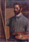 Óleo sobre tela

O retratado está no atelier de Alfredo Andersen pintando em aula e servindo de modelo para o mestre. Ele está voltado ligeiramente para sua direita, quase que de perfil; seu olhar está voltado para a tela que pinta. Empunha na mão esquerda uma paleta e dois pincéis, veste camisa azul sobre outra branca; possui cabelos encaracolados castanho médio, tez clara, barba e bigode encrespados escuros. No fundo é possível identificar uma obra de Andersen (Porto de Cabedelo).