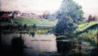 Paisagem de Piraquara
<br/>
<br/>
0,27 x 0,35m - Coleção particular
<br/>
Retrato da paisagem de Piraquara, vendo-se em primeiro plano o rio de águas claras com aguapés na superfície. Vendo-se5 da esquerda para a direita, conjunto de casas, árvores e minúsculos pinheiros, destacando-se entre as mesmas, quase à direita, uma casa em tom ocre com telhado avermelhado (atual Presídio de Piraquara) e bosque que parte da casa em perspectiva até o rio.